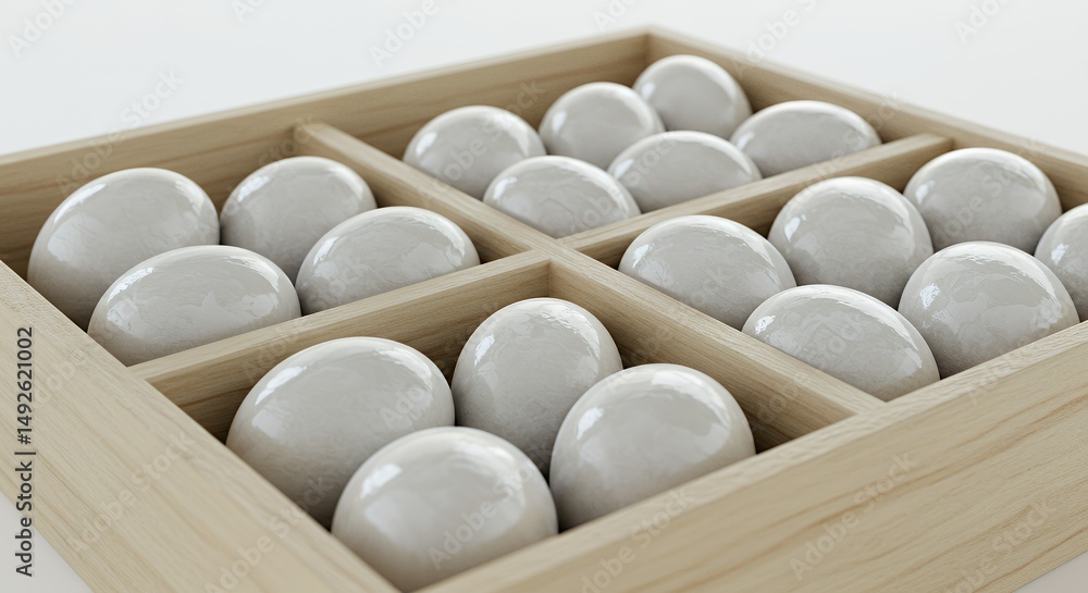 Aufkleber closeup of white ovoids in segmented beige container displaying subtle sheen on white background
