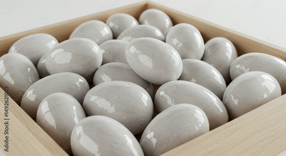 Poster closeup of white ovoids inside light beige container with segmented design and subtle sheen under st