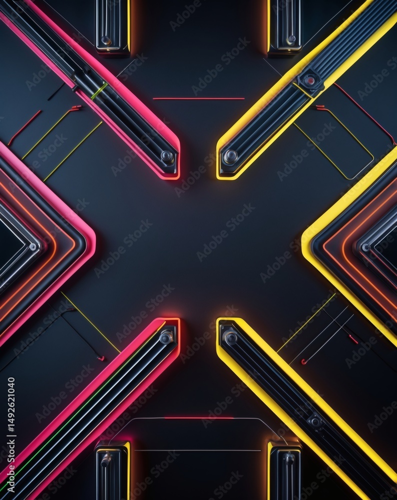 Aufkleber A futuristic design of colorful, geometric shapes creating an abstract, modern pattern. The design is symmetrical and visually appealing with its sharp angles and vibrant neon lights.