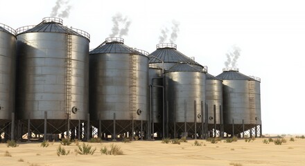 Obraz premium Cluster of Gleaming Metal Industrial Storage Silos of Varying Sizes on Sparsely Vegetated Ground Isolated by White Backdrop Creates a Powerful Visual Narrative