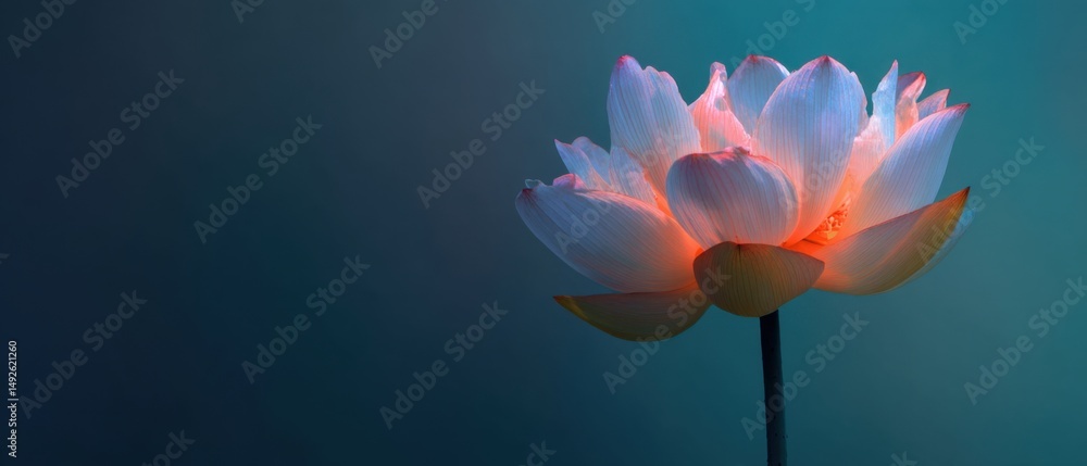 Poster elegant lotus flower at dusk close up with soft lighting and dark teal background in a studio settin