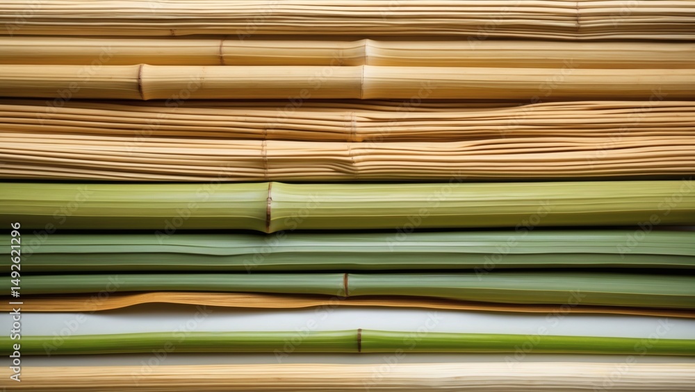 Poster bamboo stalks of varying shades arranged horizontally, creating a striking and textural display