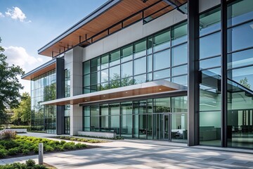 Fototapeta premium Sophisticated Commercial Office Facade Featuring Large Glass Window Design