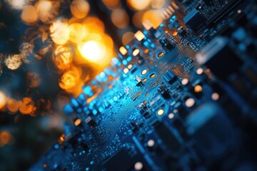 Naklejka premium Close-up of a circuit board with a bokeh background, showcasing intricate electronic components and connections.