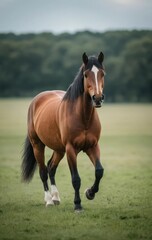 Fototapeta premium A free horse runs across a green field. Horse symbol of 2026