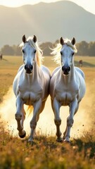 two white horses galloping across a rural field. Horse symbol of 2026