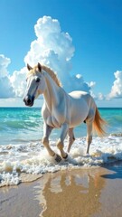 White horse galloping on sand on ocean shore with turquoise water waves. Horse symbol of 2026