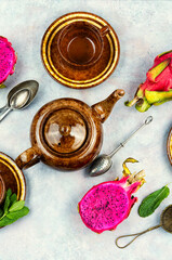 Vibrant arrangement of dragon fruit tea.