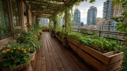 Obraz premium Urban balcony garden with flourishing greenery and cityscape panorama