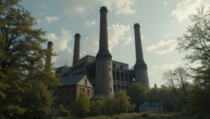 Abandoned Industrial Factory with Tall Chimneys Surrounded by Overgrown Nature and Sunlight