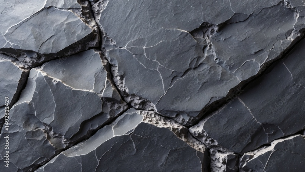 Poster close up of a rough, cracked stone surface, depicting natural textures and patterns. The stone's surface shows fissures, adding to its rugged character