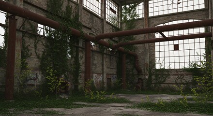 Fototapeta premium Decaying Industrial Warehouse Interior with Rusted Pipes Ivy and Broken Windows Under Overcast Light