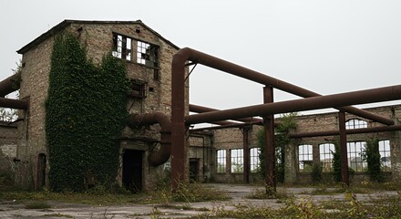 Fototapeta premium Decaying Industrial Warehouse Overgrown with Ivy Under Overcast Light Displaying Rusted Pipes and Broken Windows Evoking Forgotten History and Abandonment