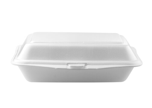 Styrofoam lunch box or white foam clamshell food containers, open and closed. White styrofoam food box isolated. Lunch foam box	