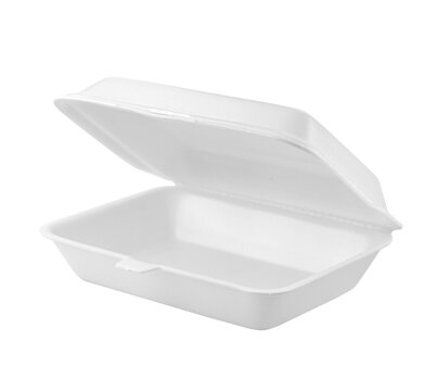Styrofoam lunch box or white foam clamshell food containers/ White styrofoam food box isolated. Lunch foam box	