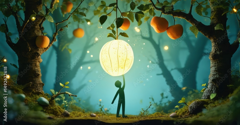 Poster mystical forest scene. small figure reaches toward glowing orb hanging from trees. soft light illumi