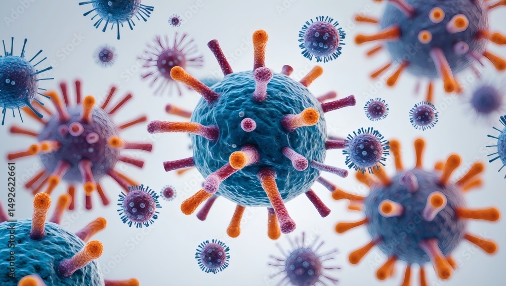 Poster close-up of a detailed virus cell structure with vibrant colors. the image shows various cells with 