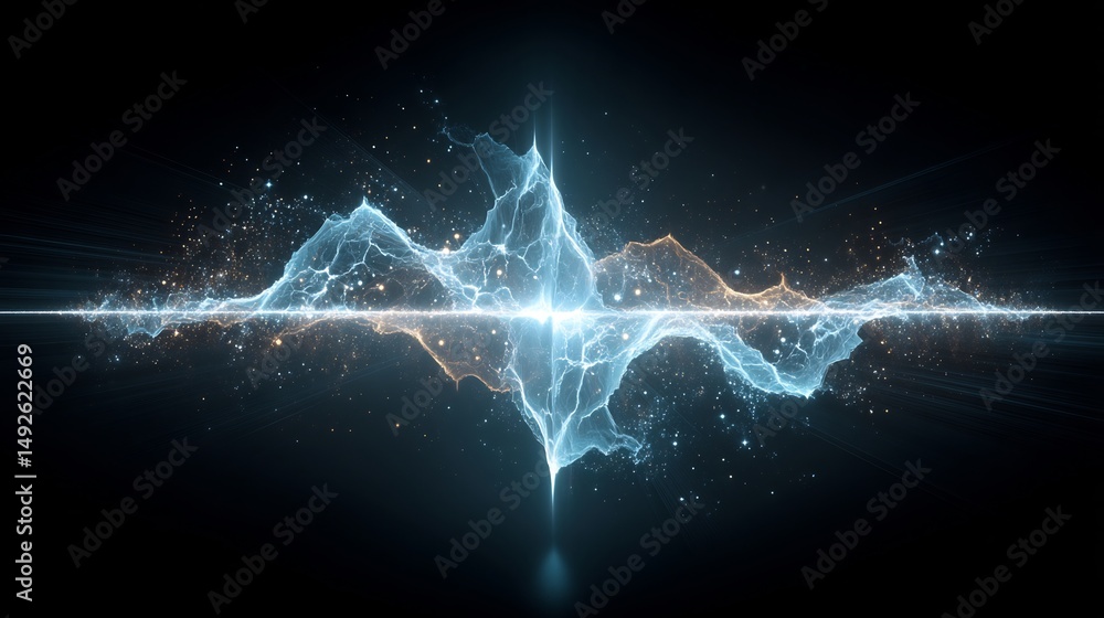 Poster abstract energetic wave form on dark background with glowing light streaks