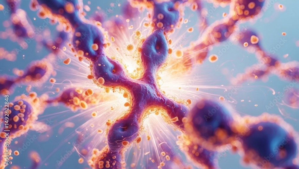Poster image of detailed microscopic view of interconnected network, biology and scientific visualization. 