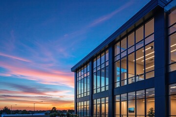 Fototapeta premium Contemporary Small Business Office Building Exterior with Expansive Windows Under Vibrant Blue Sunset Sky