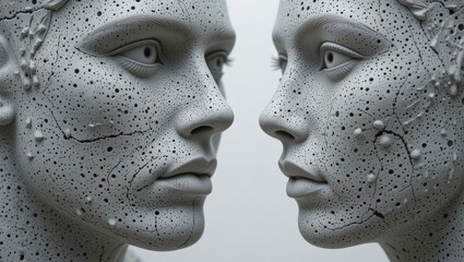 Abstract Sculpture Featuring Two Gray Faces with Intricate Textures and Expressions
