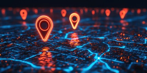 Neon location markers on a city map