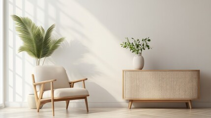 Inviting interior featuring a comfortable chair, sideboard, and lush greenery