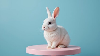 Adorable White Rabbit Sitting on a Pink Table Against a Soft Blue Background