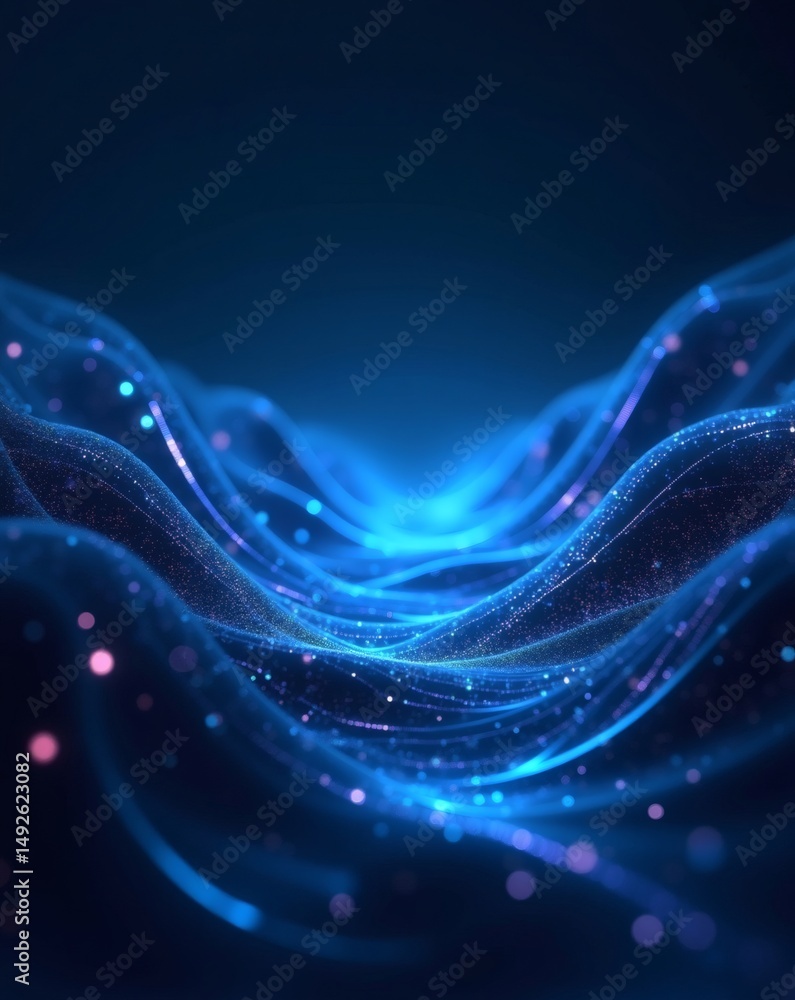 Poster Abstract digital waves, representing the flow of data and information, with glowing particles and a futuristic aesthetic