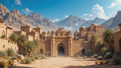 Ancient sandstone palace gate surrounded by mountains in a serene desert landscape