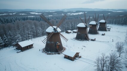 Aerial View of Snow Covered Windmills in a Serene Winter Landscape with Dense Forest