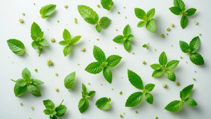 Arrangement of Vibrant Green Mint Leaves on a Light Background for Culinary and Wellness Use