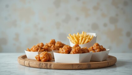 Appetizing Display of Crispy Fried Chicken Pieces with French Fries on a Wooden Platter