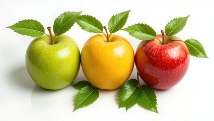 Assorted Fresh Apples in Green, Yellow, and Red Varieties with Leaves on White Background