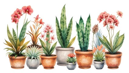 Assorted Potted Plants with Vibrant Flowers and Green Leaves in Different Clay Pots