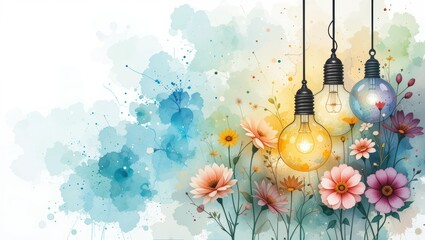 Beautiful Watercolor Floral Design with Hanging Lights and a Colorful Abstract Background