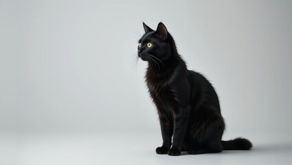 Black Cat Sitting in Profile Against a Minimalist Gray Background with Elegant Posture