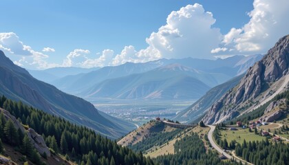 Breathtaking panoramic view of a lush green valley surrounded by majestic mountains under a clear sky