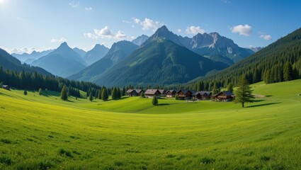 Breathtaking Panoramic View of Serene Green Meadow Surrounded by Majestic Mountains Under Blue Sky