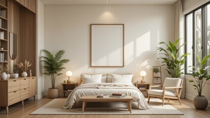 Bright and Airy Bedroom with Minimalist Furniture and Indoor Plants Bathed in Natural Light