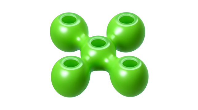 Cartoonish 3D green share icon with round connectors, isometric view, white background