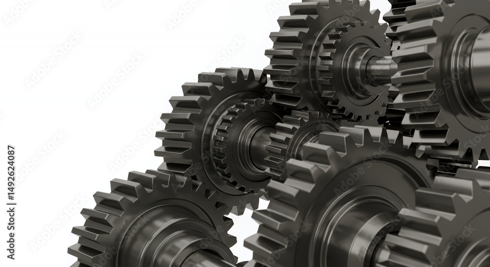 Poster detailed interlocking metallic cogwheels displaying mechanical precision isolated on white