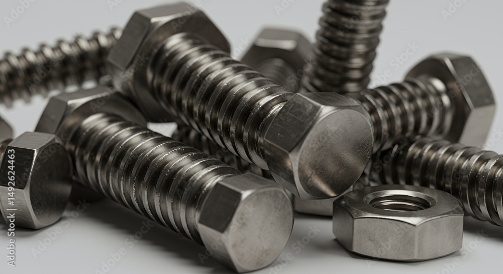 Poster detailed metallic bolts and nuts in random arrangement on white background with subtle light reflect