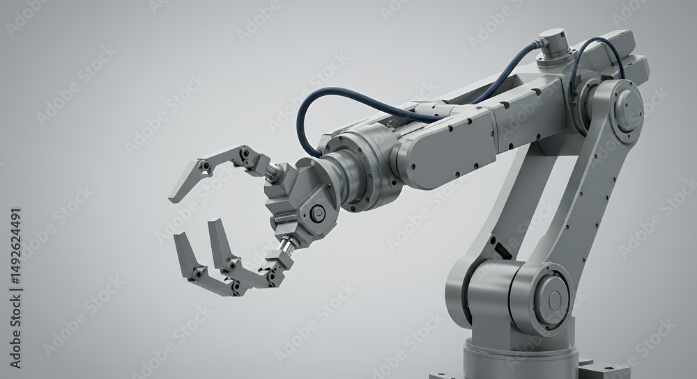 Poster detailed metallic industrial robot arm with precision tool attachments exhibiting intricate articula