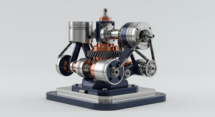 Naklejka premium Detailed Mechanical Assembly with Silver Navy and Copper Gears on White Background Featuring Interconnected Pistons and Cylinders for Engineering Illustrations