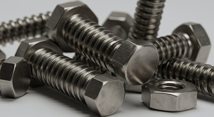 Detailed Metallic Bolts and Nuts in Random Arrangement on White Background with Subtle Light Reflections Perfect for Decoration