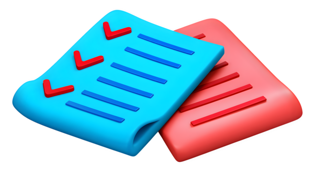 Cartoon 3D text document with checklists, blue and red, angled top view, transparent background