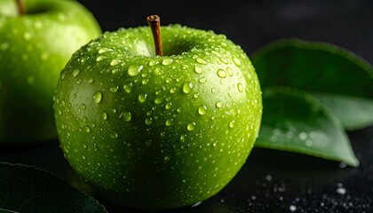 Close-up of a vibrant green apple covered in water droplets, showcasing freshness and natural beauty against a dark background, healthy eating concept.