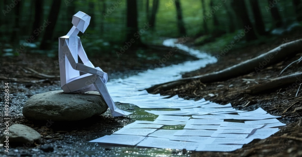 Poster paper figure sits near small stream. pages float, reflecting light. forest background creates moody 