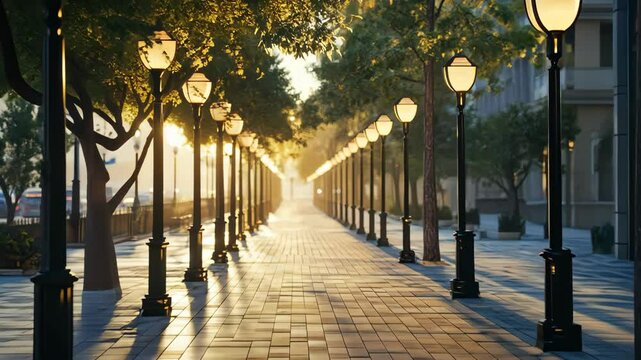 urban streetscape featuring row of vintage streetlights lining pedestrian walkway at sunset